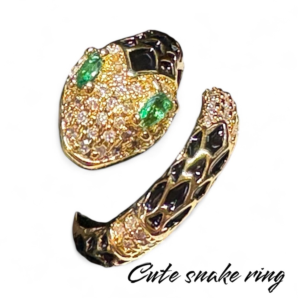 Cute black and green SNAKE ring with GEM eyes-gold over brass